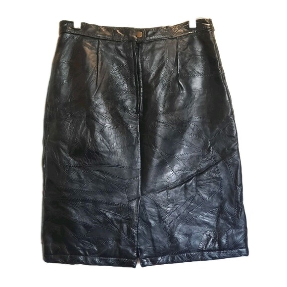 VINTAGE 90s Genuine Leather Patchwork Black Pencil Skirt High Waisted Sz 12 XLNT - Picture 2 of 5